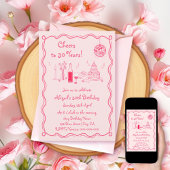 レトロな遊び心のあるホットピンクの落書き誕生日 招待状