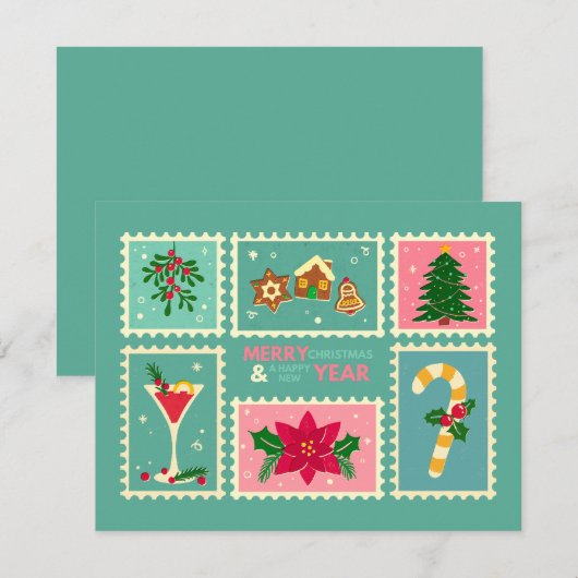 レトロな遊び心のある緑とピンク シーズンカード (正面/裏面)