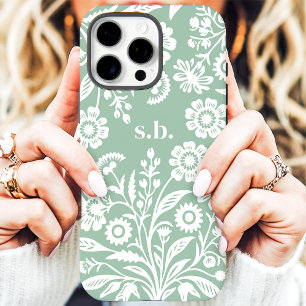 レトロな野の花 ミントグリーンの花のモノグラム iPhone 16 PRO MAXケース