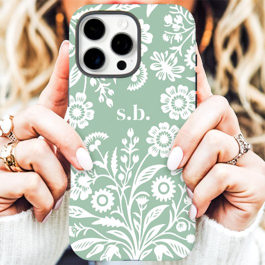 レトロな野の花 ミントグリーンの花のモノグラム Case-Mate iPhoneケース