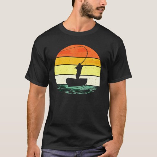 レトロな釣り船の釣り師 海の魚 Tシャツ (正面)