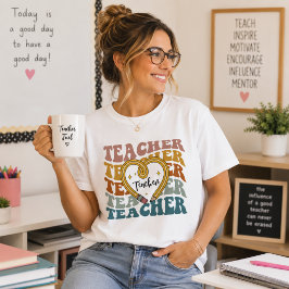 レトロな鉛筆ハートのタイポグラフィ先生 Tシャツ