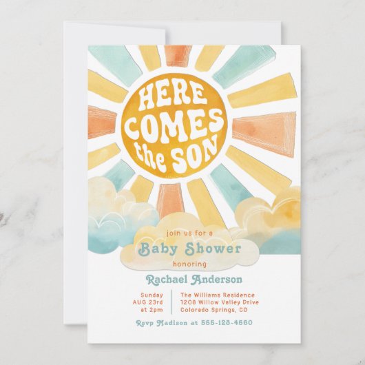 レトロな陽気さ満開のベビーシャワー "Here Comes the Son" 招待状 (正面)