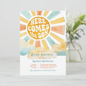 レトロな陽気さ満開のベビーシャワー "Here Comes the Son" 招待状 (スタンド正面)