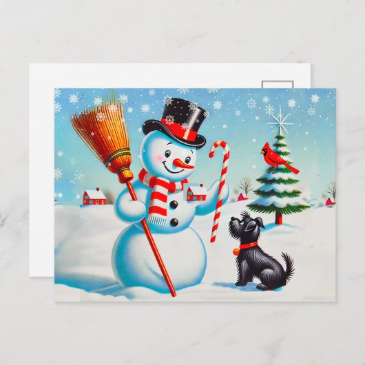 レトロな雪だるま、かわいい犬、赤いカーディナルと木々 ポストカード (正面/裏面)