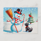 レトロな雪だるま、かわいい犬、赤いカーディナルと木々 ポストカード (正面)