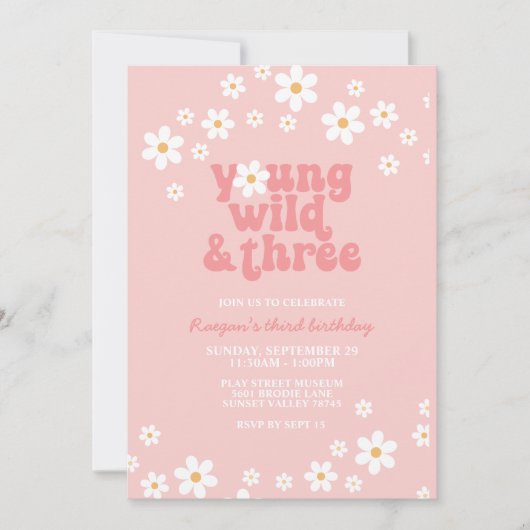 レトロな雰囲気のデイジー Young Wild Three フラワー 3歳の誕生日おめでとう 招待状 (正面)