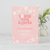 レトロな雰囲気のデイジー Young Wild Three フラワー 3歳の誕生日おめでとう 招待状 (スタンド正面)