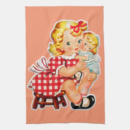 レトロな雰囲気の女の子と人形 キッチンタオル (縦)