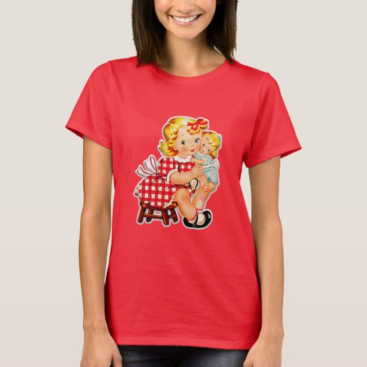 レトロな雰囲気の女の子と人形 Tシャツ (正面)
