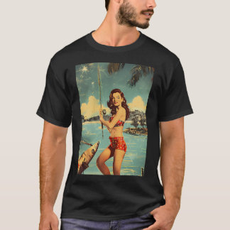 レトロな雰囲気の釣りをする可愛い女の子 Tシャツ