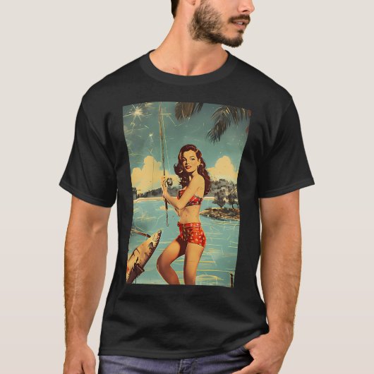 レトロな雰囲気の釣りをする可愛い女の子 Tシャツ (正面)