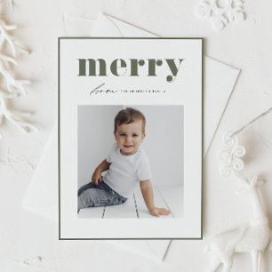 レトロな雰囲気漂うモスグリーンの「Merry」フォントが目立つクリスマスフォトカード シーズンポストカード