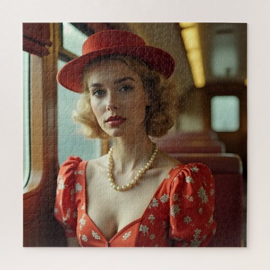 レトロな電車の中の女性 ジグソーパズル (縦)
