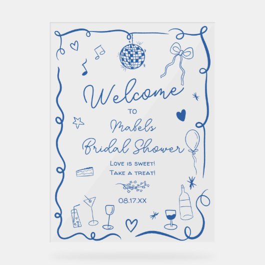 レトロな青い手描きイラストのブライズシャワー アクリルサイン (正面)