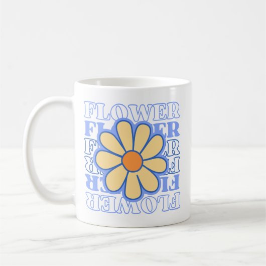レトロな青い花のタイポグラフィーと花が好きな人 コーヒーマグカップ (左)