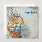 レトロな青と黄色のイースターエッグと水仙 シーズンカード (正面/裏面)