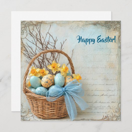 レトロな青と黄色のイースターエッグと水仙 シーズンカード (正面/裏面)