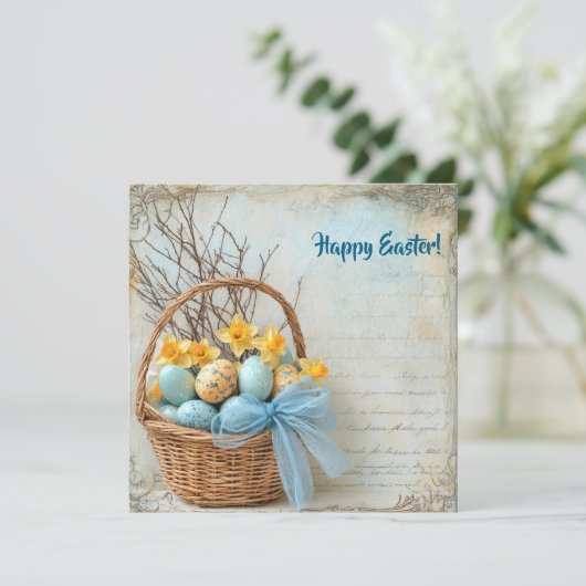 レトロな青と黄色のイースターエッグと水仙 シーズンカード (スタンド正面)