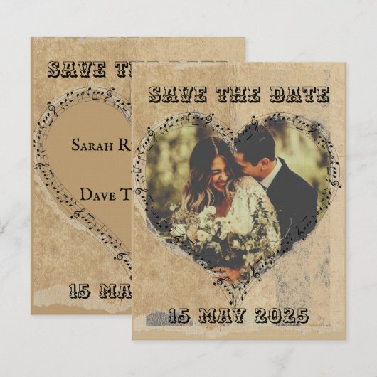 レトロな音楽ノートのハート型フレーム セーブザデート (正面/裏面)