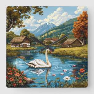 レトロな風情漂う白鳥の自然風景 🦢🕰️ スクエア壁時計