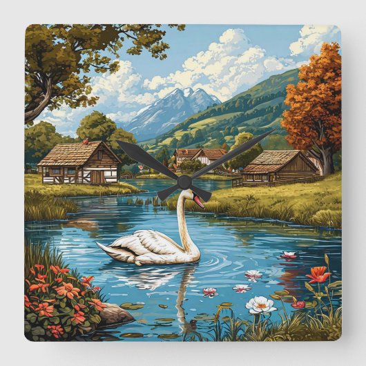 レトロな風情漂う白鳥の自然風景 🦢🕰️ スクエア壁時計 (正面)