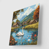 レトロな風情漂う白鳥の自然風景 🦢🕰️ スクエア壁時計 (傾斜)