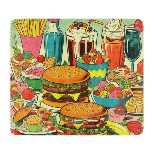 レトロな食品のコミックイラスト カッティングボード (正面)