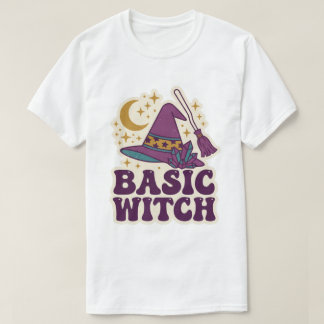 レトロな魔女の帽子と箒とクリスタルのハロウィンアート Tシャツ