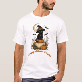 レトロな魔女風黒猫のハロウィンシーズンフォーエバー Tシャツ