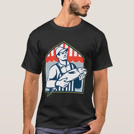 レトロな魚屋さん 魚を持つ Tシャツ (正面)