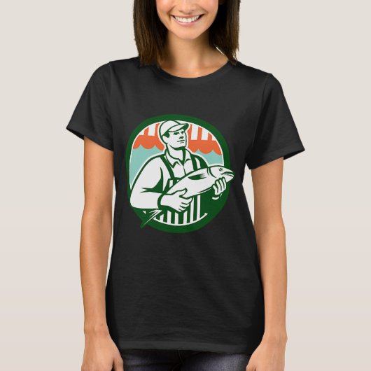 レトロな魚屋と魚の円形フレームデザイン Tシャツ (正面)