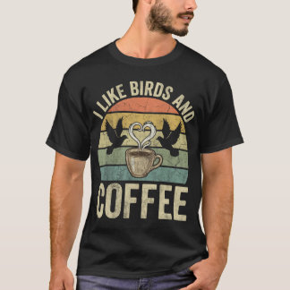 レトロな鳥とコーヒーの夕焼けが好き Tシャツ