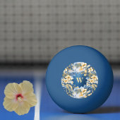 レトロな黄色と青の花柄とトロピカルパームツリーのイニシャル 卓球ボール