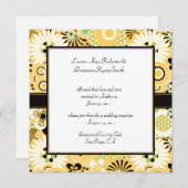 レトロな黄色、緑、茶色の花の結婚式後のデザイン 招待状 (正面/裏面)