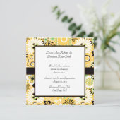 レトロな黄色、緑、茶色の花の結婚式後のデザイン 招待状 (スタンド正面)