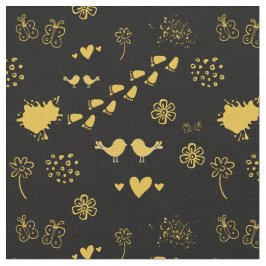 レトロな黒と黄色の鳥の模様、ドット ファブリック