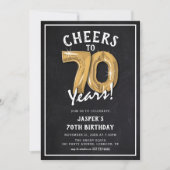 レトロな黒板とゴールドバルーンの70歳の誕生日 招待状 (正面)