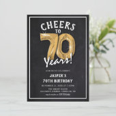レトロな黒板とゴールドバルーンの70歳の誕生日 招待状 (スタンド正面)