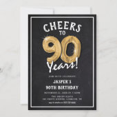 レトロな黒板とゴールドバルーンの90歳の誕生日 招待状 (正面)
