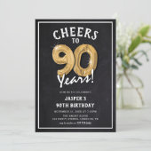 レトロな黒板とゴールドバルーンの90歳の誕生日 招待状 (スタンド正面)