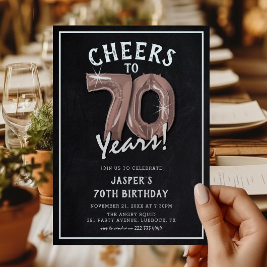 レトロな黒板のローズゴールドバルーン 70歳の誕生日 招待状