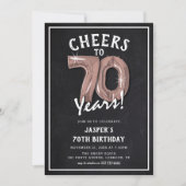 レトロな黒板のローズゴールドバルーン 70歳の誕生日 招待状 (正面)