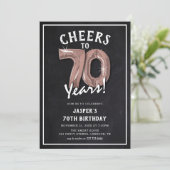 レトロな黒板のローズゴールドバルーン 70歳の誕生日 招待状 (スタンド正面)