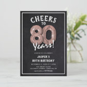 レトロな黒板のローズゴールドバルーン 80歳の誕生日 招待状 (スタンド正面)