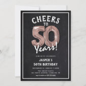 レトロな黒板のローズゴールド風船 50歳の誕生日 招待状 (正面)