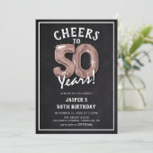レトロな黒板のローズゴールド風船 50歳の誕生日 招待状 (スタンド正面)