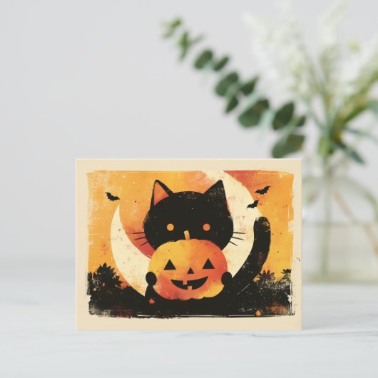 レトロな黒猫とジャック・オ・ランタン シーズンポストカード (スタンド正面)