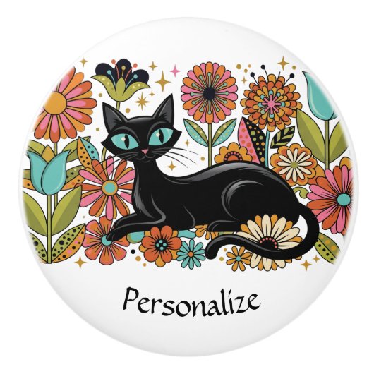 レトロな黒猫のデザインアクセント セラミックノブ (正面)