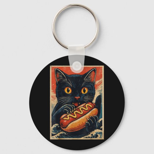 レトロな黒猫のホットドッグ大好き 日本 キーホルダー (正面)